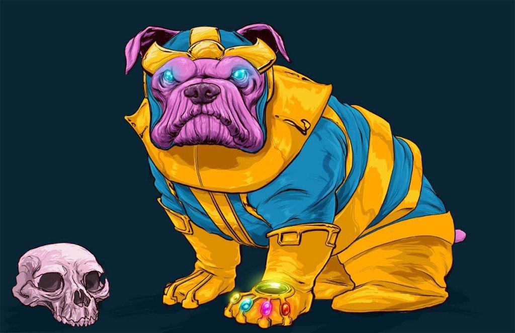 Vamers - Artistry - Fandom - Artist Josh Lynch Imagines Dogs as Superheroes from the Marvel Universe - Thanos with Infinity Gauntlet