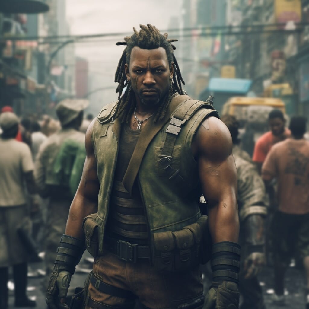 Midjourney generated image of Barret, from the Final Fantasy VII video game, facing the camera. Made for Dads of Gaming on Vamers.com.