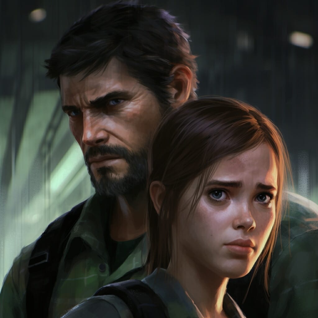 Midjourney generated image of Joel and Ellie, from The Last of Us video game, facing the camera. Made for Dads of Gaming on Vamers.com.