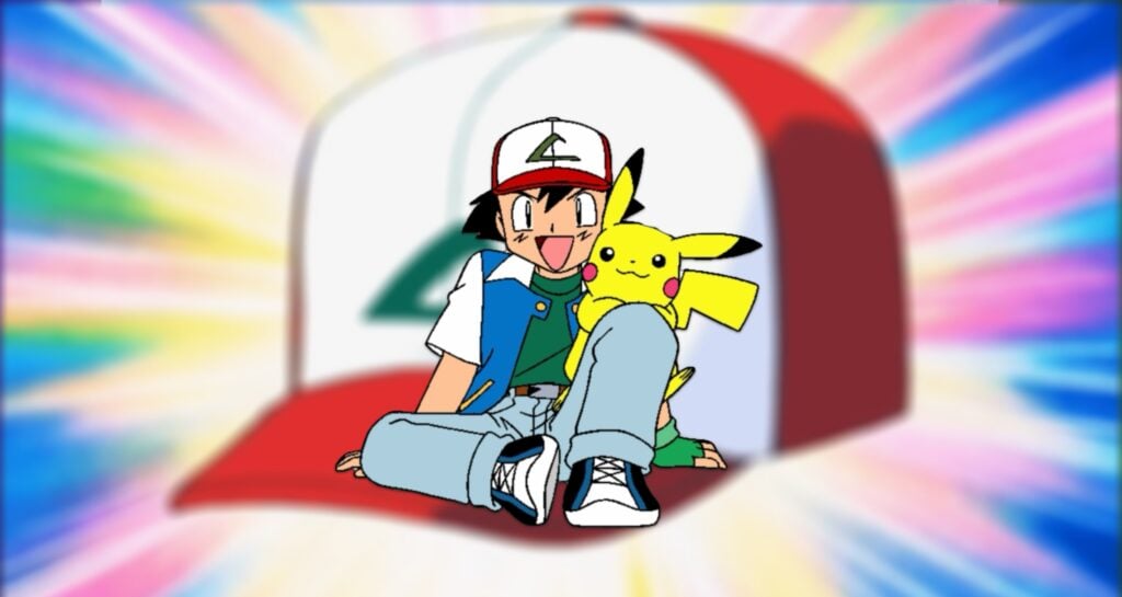 Ash Ketchum sitting with Pikachu with a blurred background of Ash's hat, in reference to the cap his father gives him in the anime. 