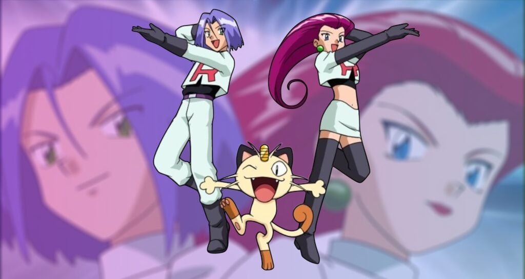 Jesse, James and Meowth pose in-front of a blurred backdrop of their faces.