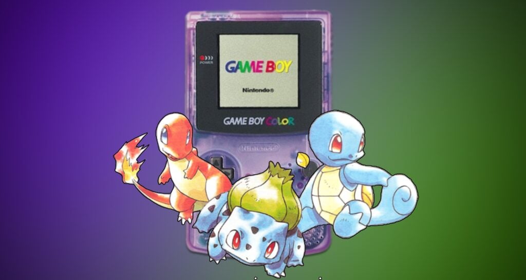 Science Confirms Pokémon Brain - Game Boy transparent purple surrounded by original starter Pokemon.
